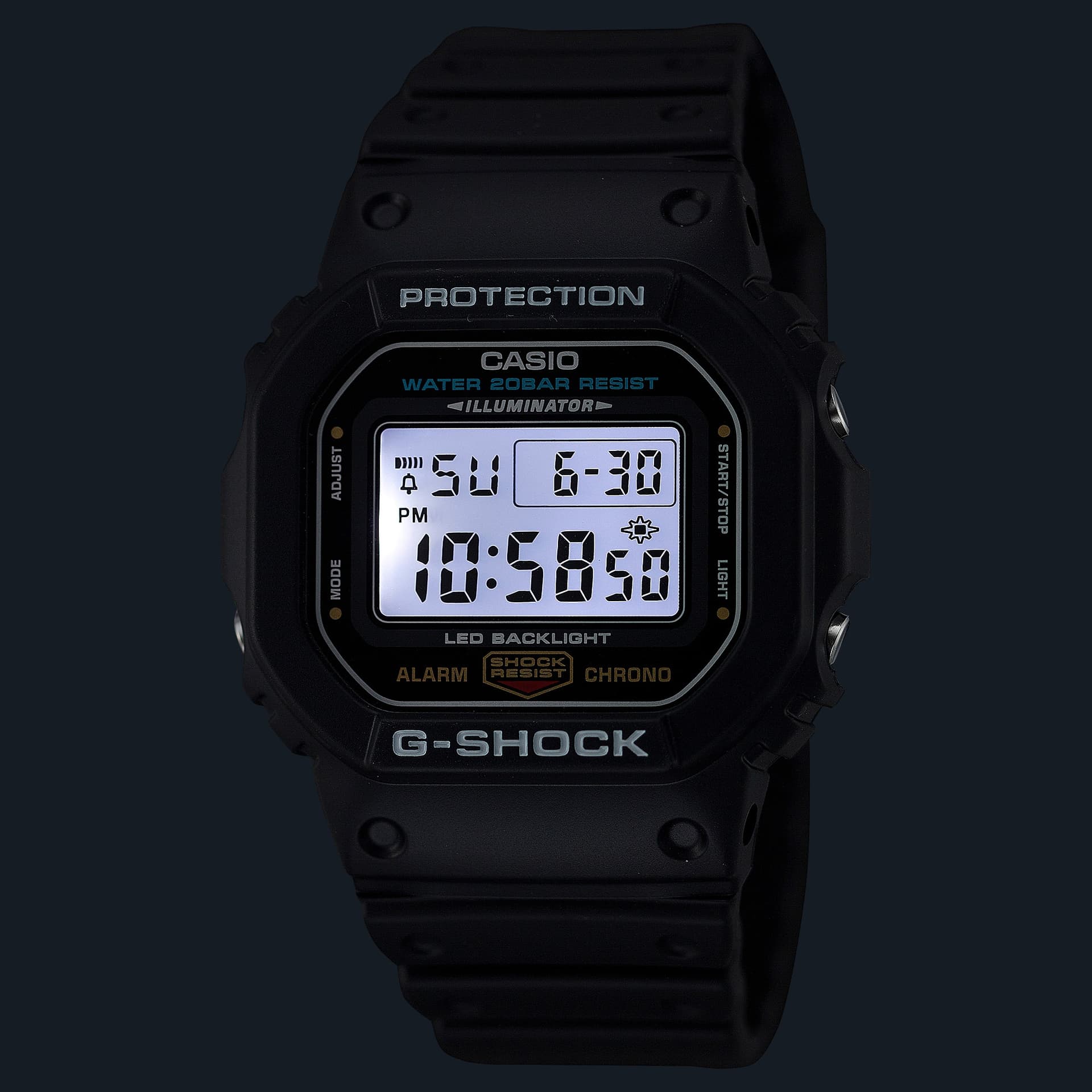 The DW-5600 with its backlight on